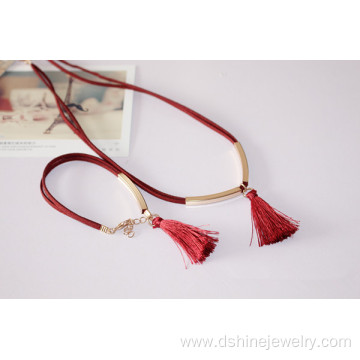 Suede Necklace With Metal Tube Silk Tassel Choker